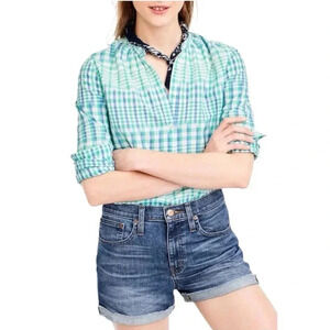 J. CREW | 100% Cotton Blue Green Gingham Popover Ikat Long Sleeve Shirt Size 10